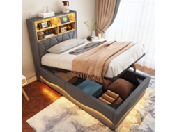 Lit enfant 90x200 cm avec coffre hydraulique, bande led contrôlée par application, usb, gris VSOGA