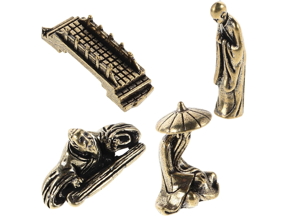 Conjunto 4 Miniaturas Latão Decoração Jardim Aquário Pescador Monge Estatuetas Ponte Ornamentos Artesanais GOKOCO