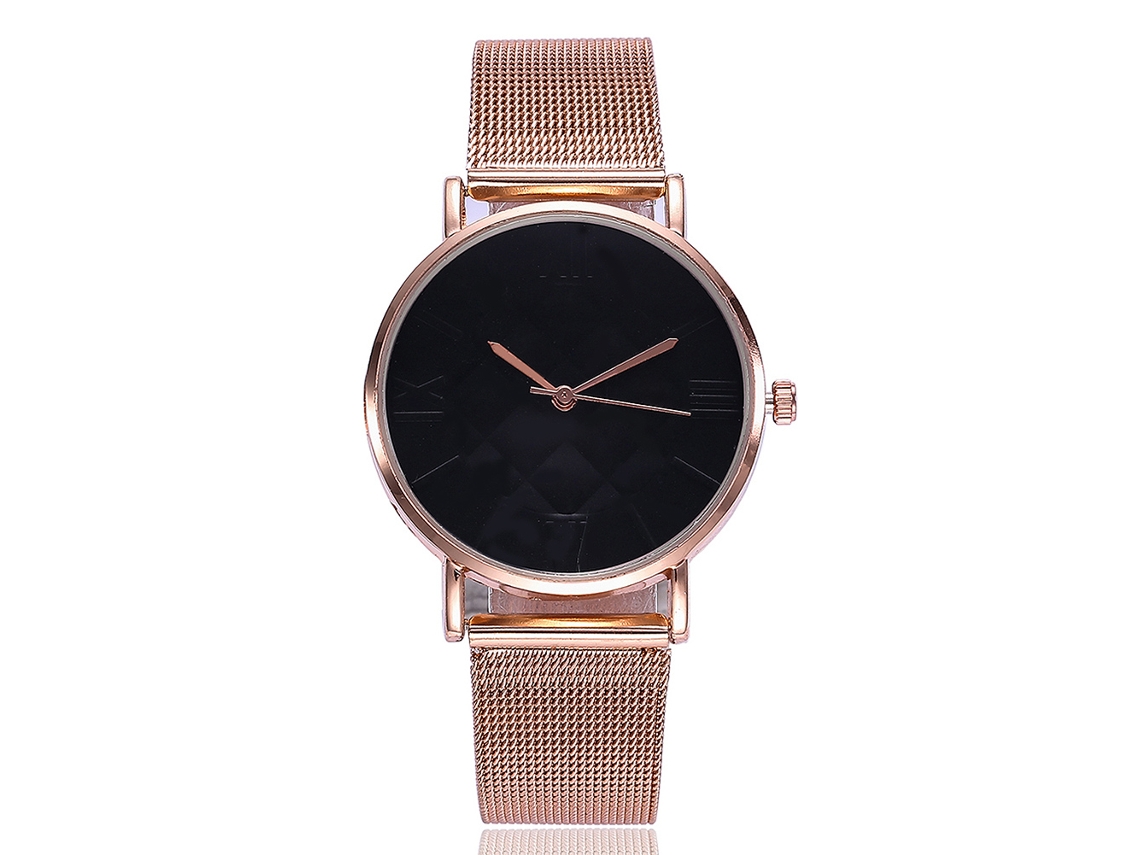 Relógio de Pulso Feminino Vansvar de Quartzo com Pulseira de Malha Preta Elegante