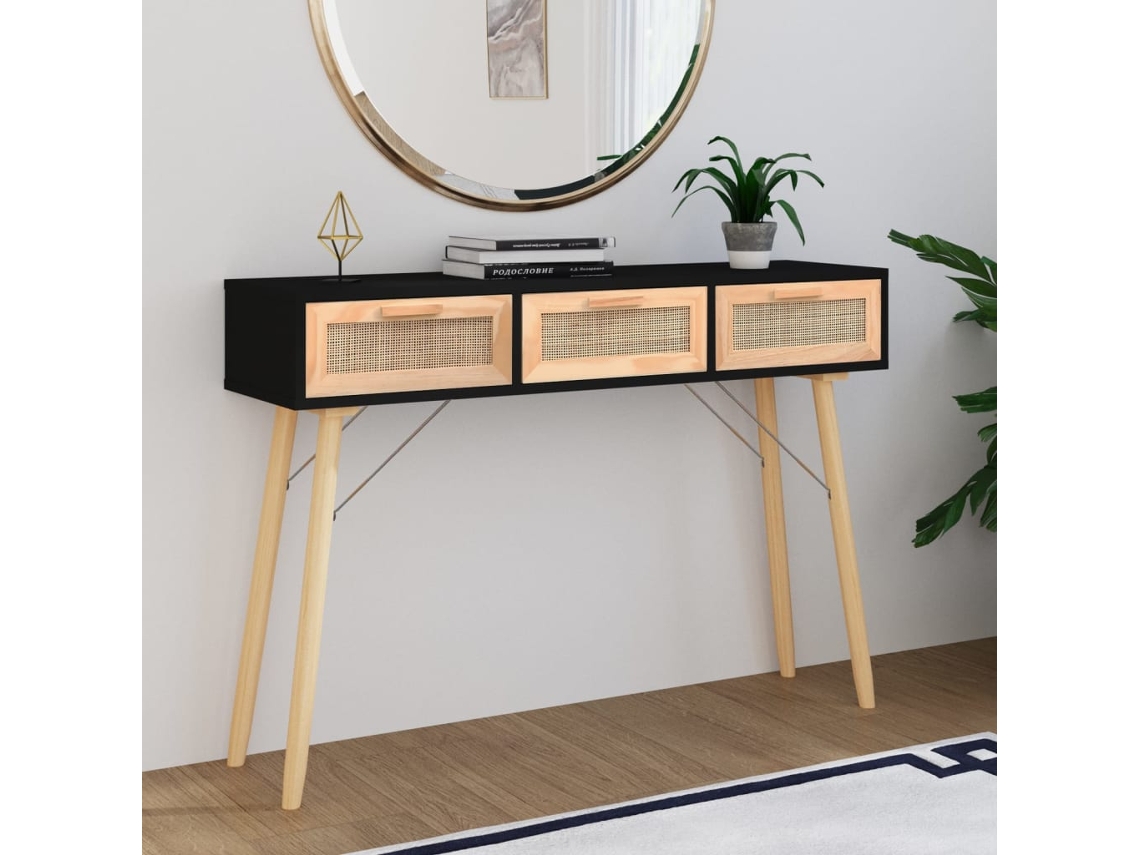Mesa Consolamesa De Apoiomesa De Café 105x30x75 Cm Pinho Maciço E Vime Natural Preto Lovely Home