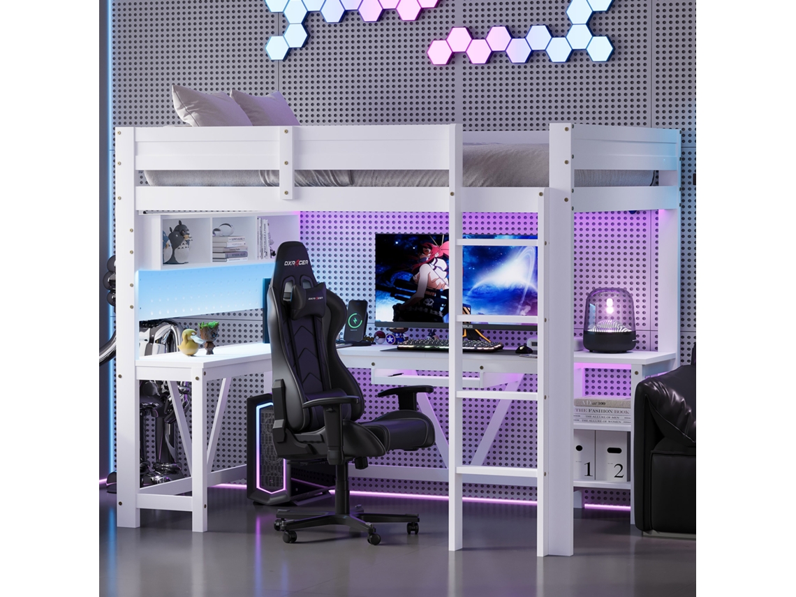 Cama De Madeira Para Jogos Com 90 X 200 Cm Com Escrivaninha, Compartimentos De Armazenamento, Iluminação Led E Estação De Recarga, Branca-op