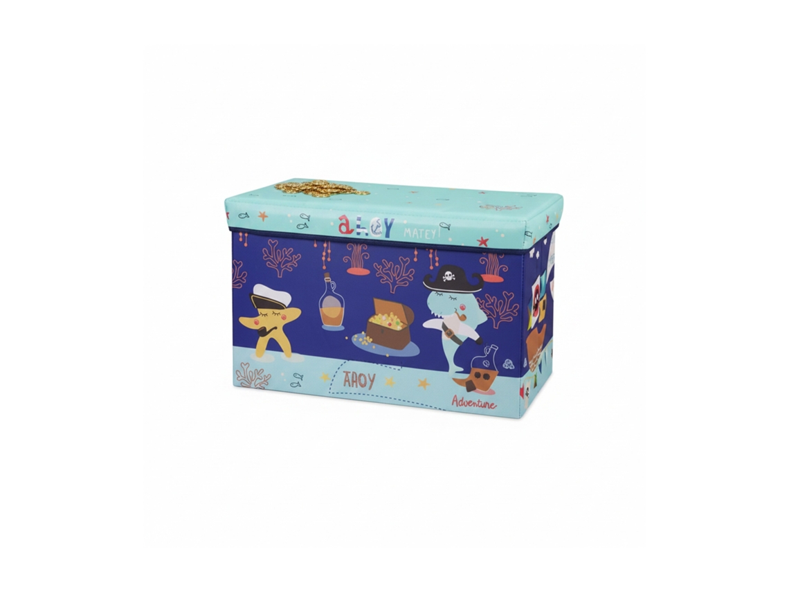 Caixa De Assento Para Crianças Relaxdays, Caixa Dobrável Com Tampa, Desenhos, 50 Litros, Azul Escuro