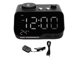 Despertador duplo com alto-falante Bluetooth, rádio FM, visor LED, temperatura e dia da semana.