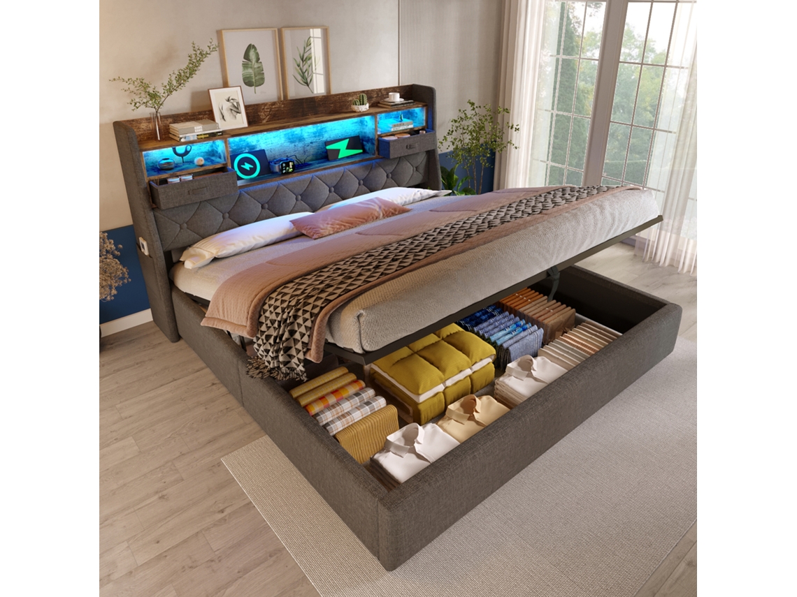Cama Estofada Cinza 140x200 Baú Hidráulico Led Usb c