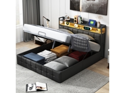 Cama Estofada 140x190cm com Led/USB, com Armazenamento, Cabeceira, Pu Preto BURSDANY