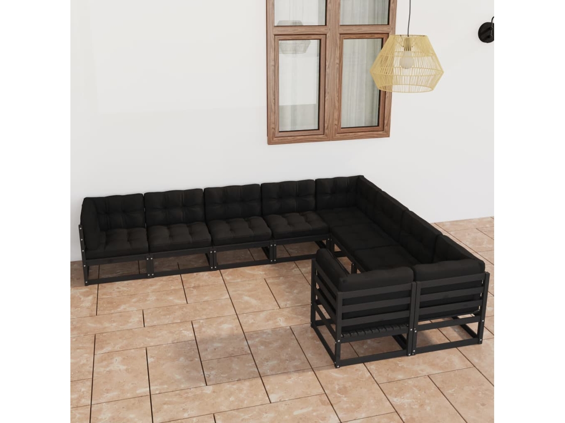 9pcs Conjunto Longue De Jardim C/ Almofadões Pinho Maciço Preto Dkd Home Decor