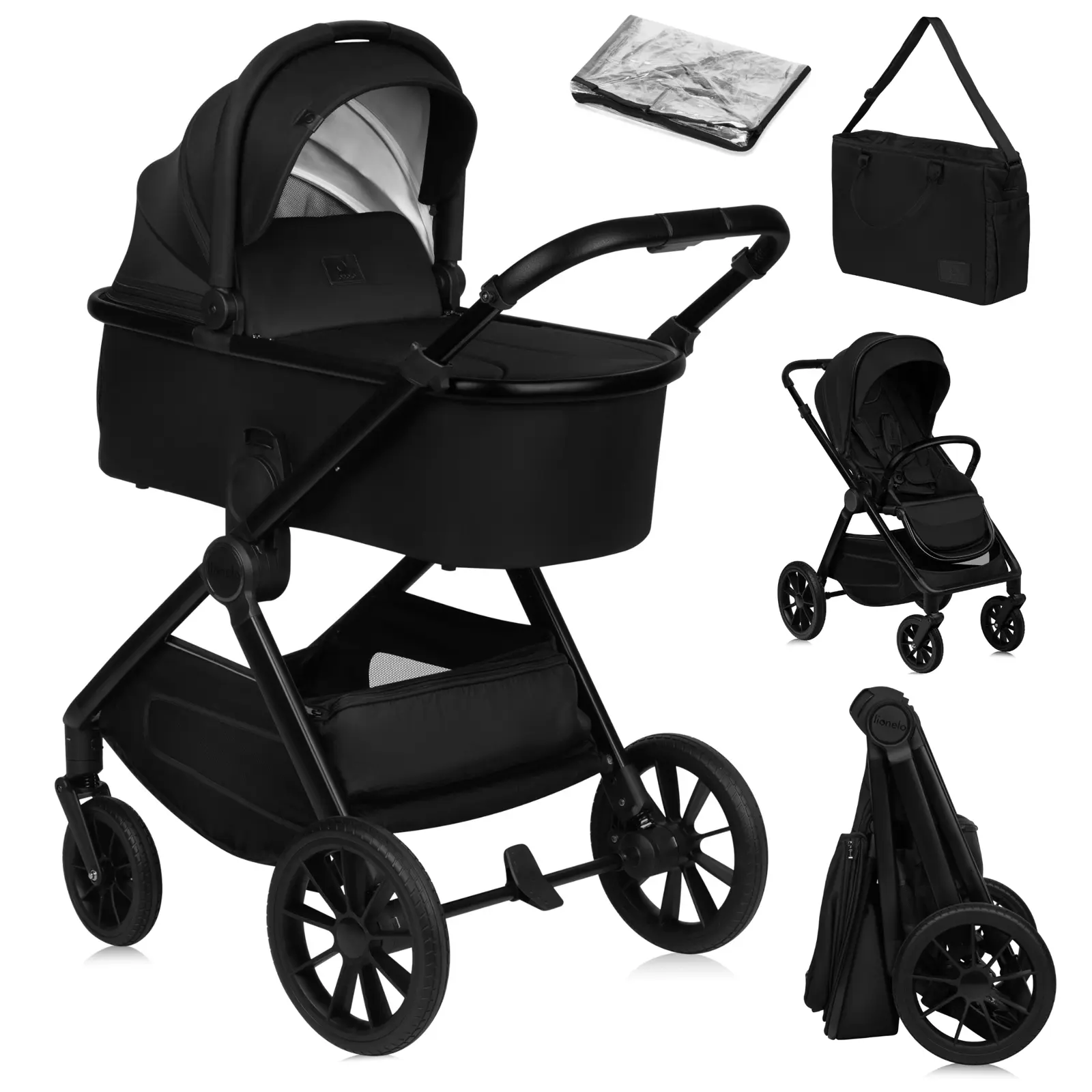 Carrinho De Bebé Lionelo Layla Duo - Até 22kg - Carrinho, Alcofa, Cadeira - E Para Todas As Estações - Manuseamento Com Uma Mão - Acessórios - Preto