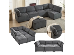 Sofá Modular Cinza 6l, Veludo Cotelê, Cama.-kd