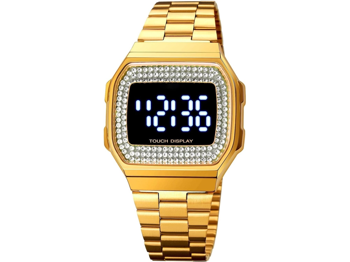 Lurelia Relógio Digital, Visor Digital, Detalhes Com Strass, Aço Inoxidável, Resistente À Água 30m, Prata