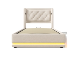 Cama de solteiro estofada 90x200cm em algodão bege com armazenamento hidráulico, cabeceira Usb tipo c, led nos três lados PAPRIKA