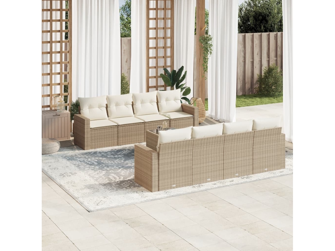 Vidaxl 9 Pcs Conjunto De Sofás P/ Jardim Com Almofadões Vime Pe Bege