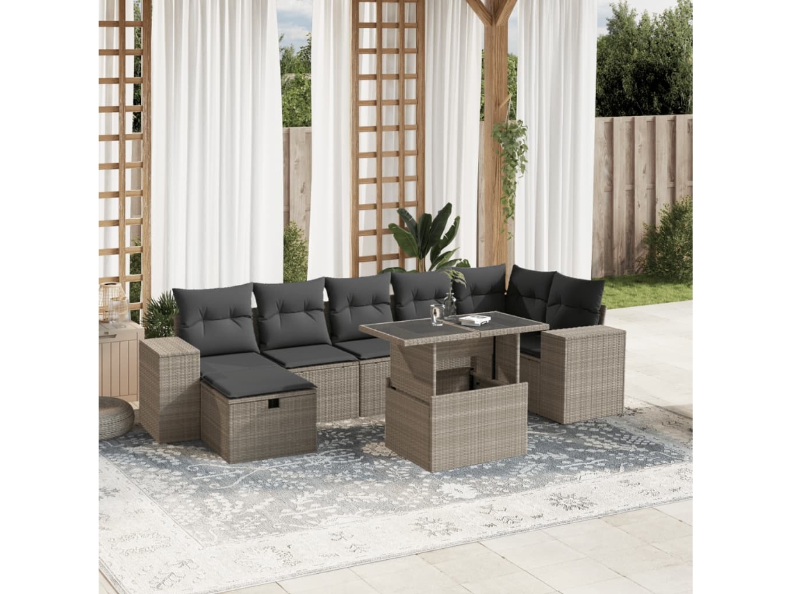 Vidaxl 8 Pcs Conj. Sofás Jardim C/ Almofadões Vime Pe Cinzento-claro