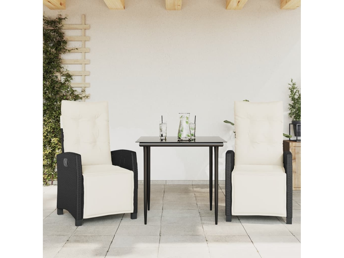 Vidaxl 3 Pcs Conjunto De Jantar P/ Jardim C/ Almofadões Vime Pe Preto