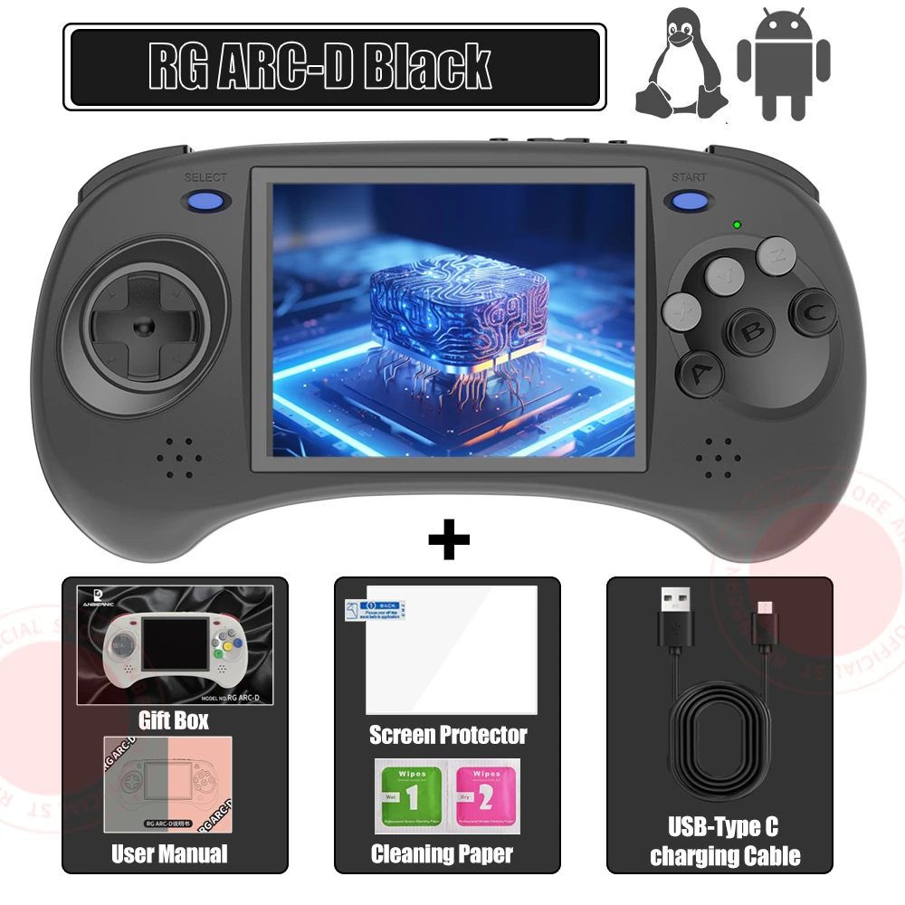 128 Gb Rg Arc d Preto Rg Arc Games Rk3566 Emulador de Consola de Jogos Portátil de 4 Polegadas 640*480 MDUG (3000 Jogos)
