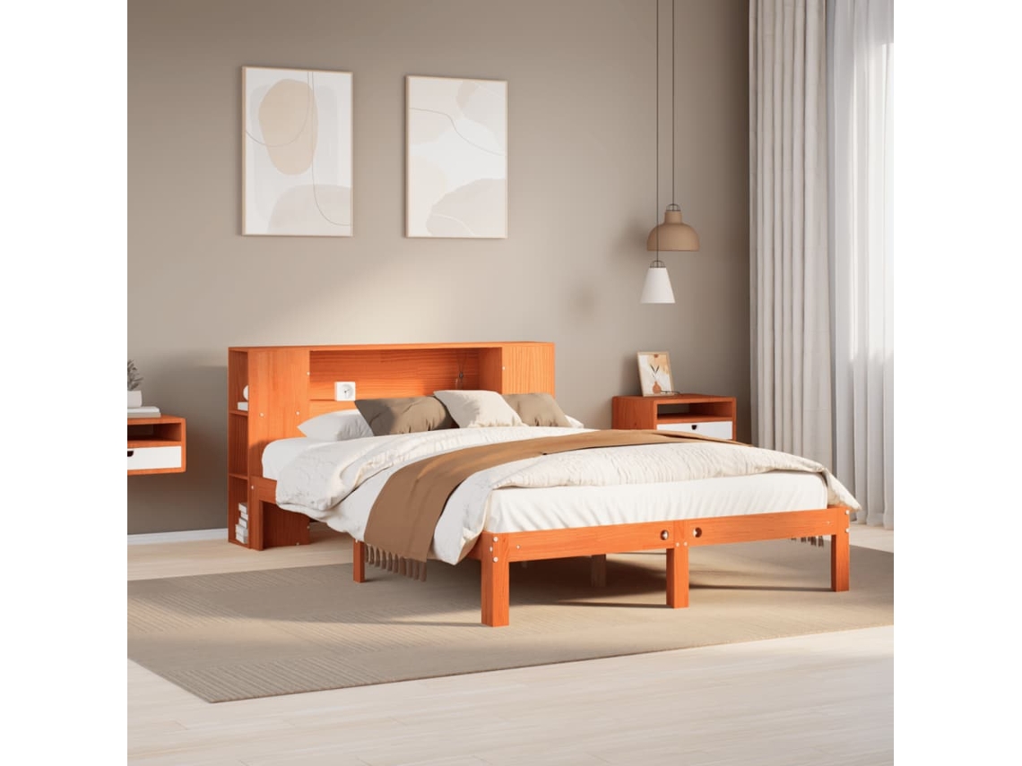 Vidaxl Cama Com Estante Sem Colchão 140x190 Cm Pinho Maciço