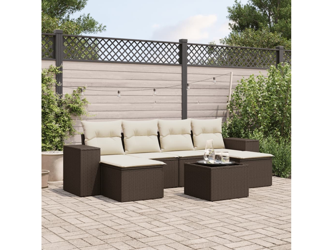 Vidaxl 7 Pcs Conjunto De Sofás Jardim C/ Almofadões Vime Pe Castanho