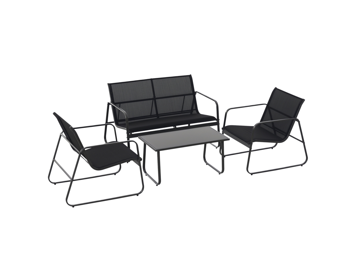 Conjunto Lounge 4p Preto (sofá 2l, 2 Poltronas, Mesa de Vidro)