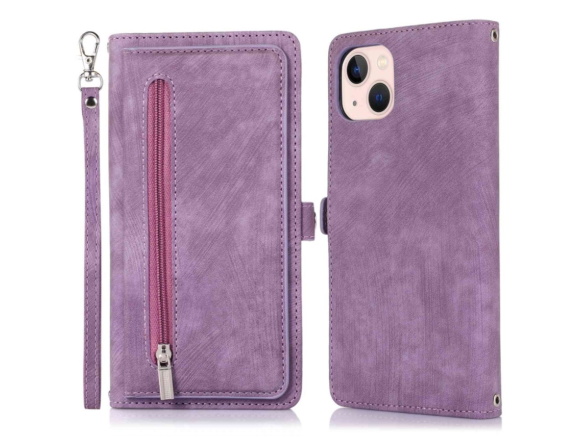 Capa Pega Para Iphone 14 Plus Pele Sintética Com Porta-cartões Roxo