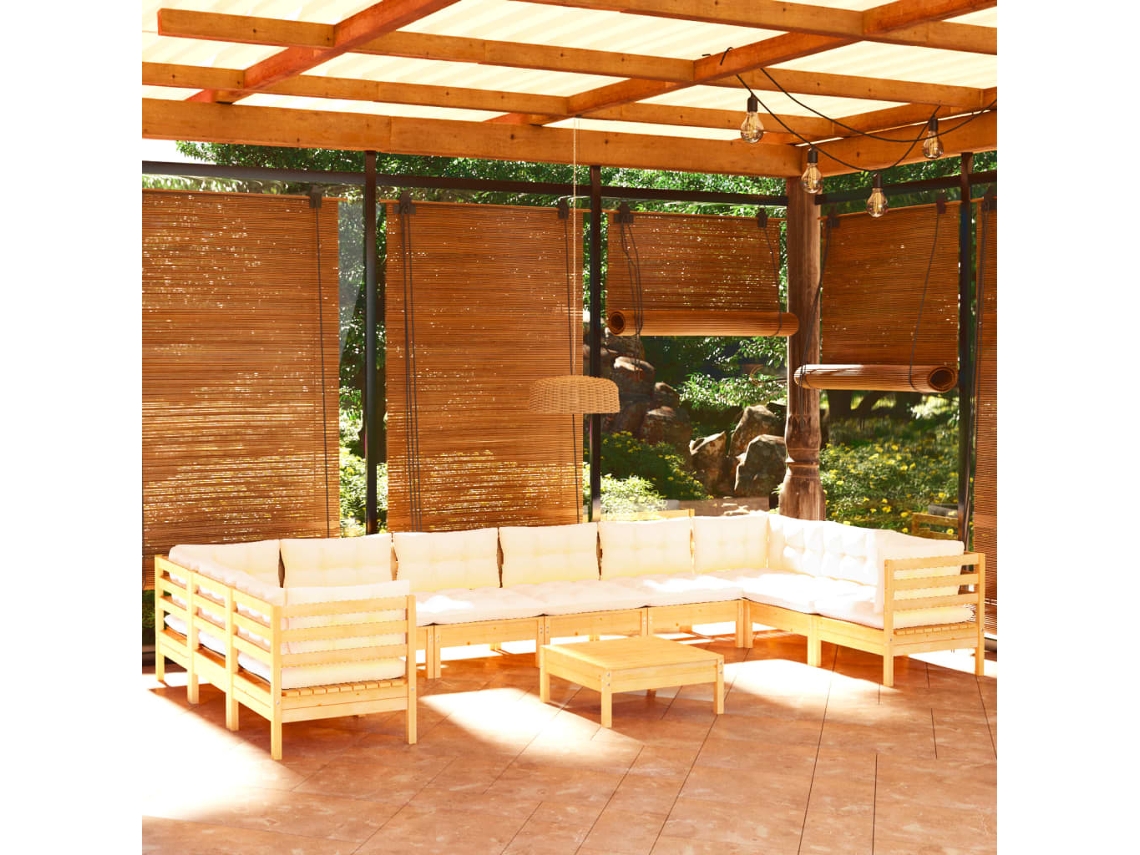Vidaxl 11 Pcs Conjunto Lounge De Jardim C/ Almofadões Cor Creme Pinho