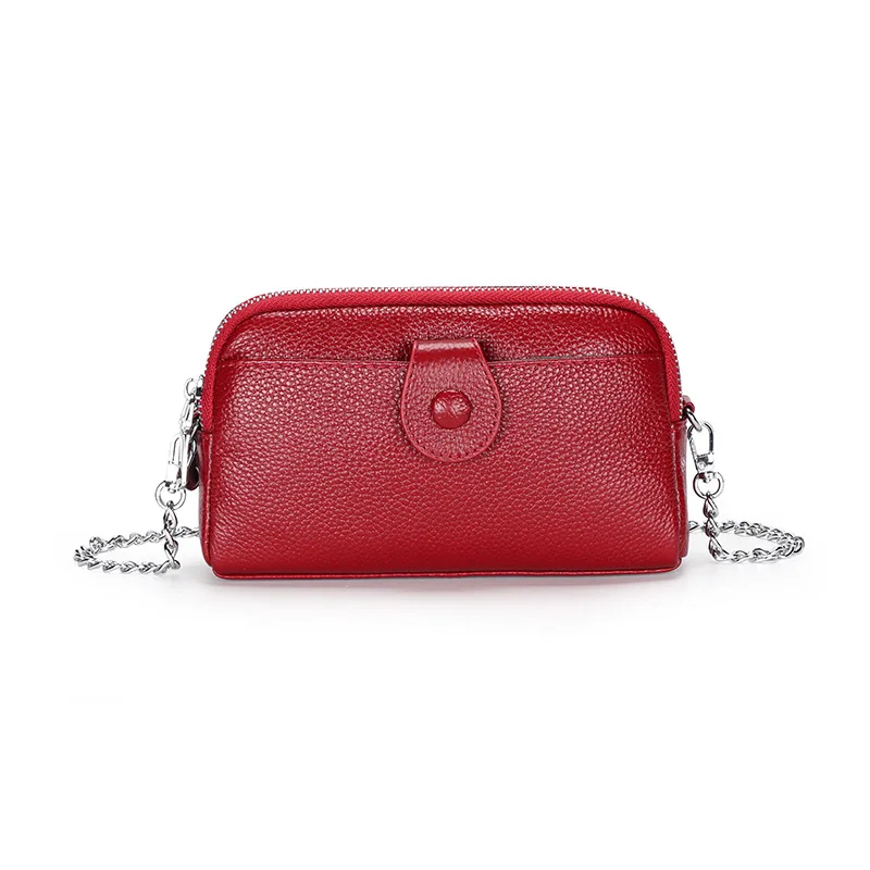 Carteira Longa Feminina Em Couro Genuíno (corrente Vermelha), Bolsa De Mão Feminina, Bolsa De Pulso Com Zíper Duplo.