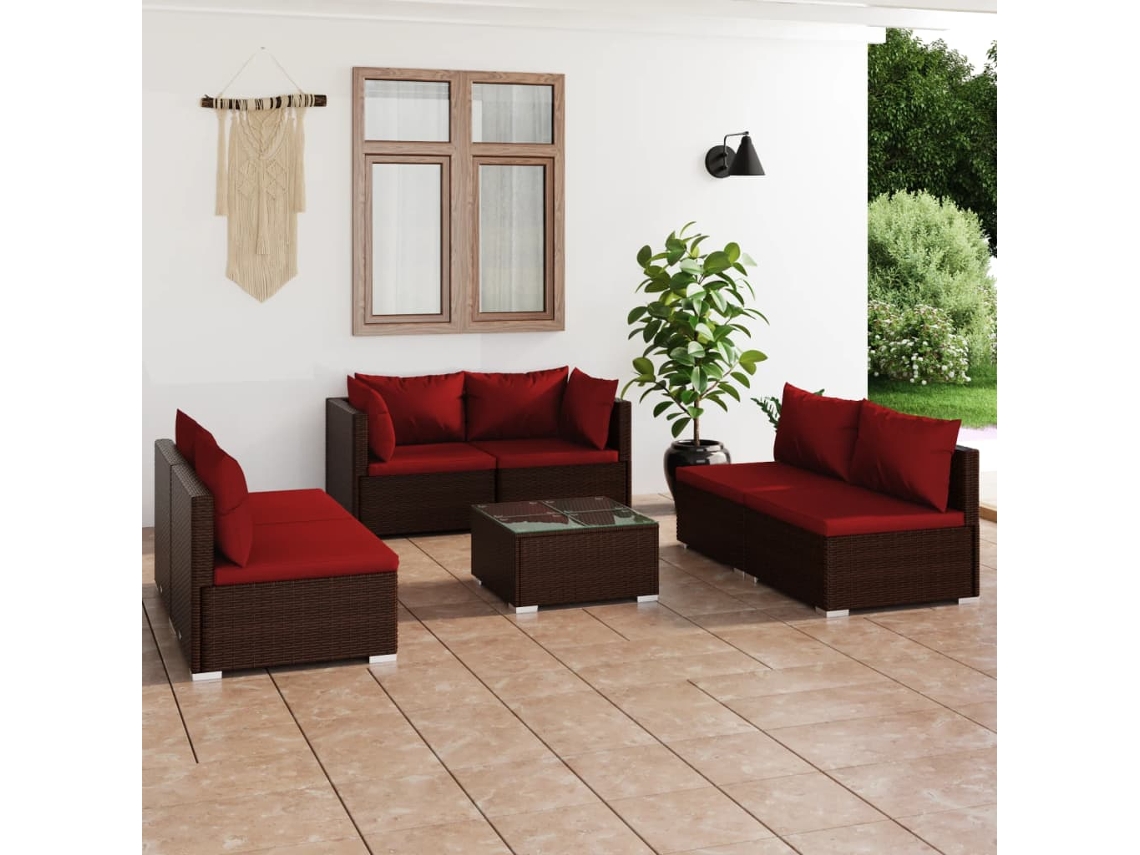 Vidaxl 7 Pcs Conjunto Lounge Jardim C/ Almofadões Vime Pe Castanho