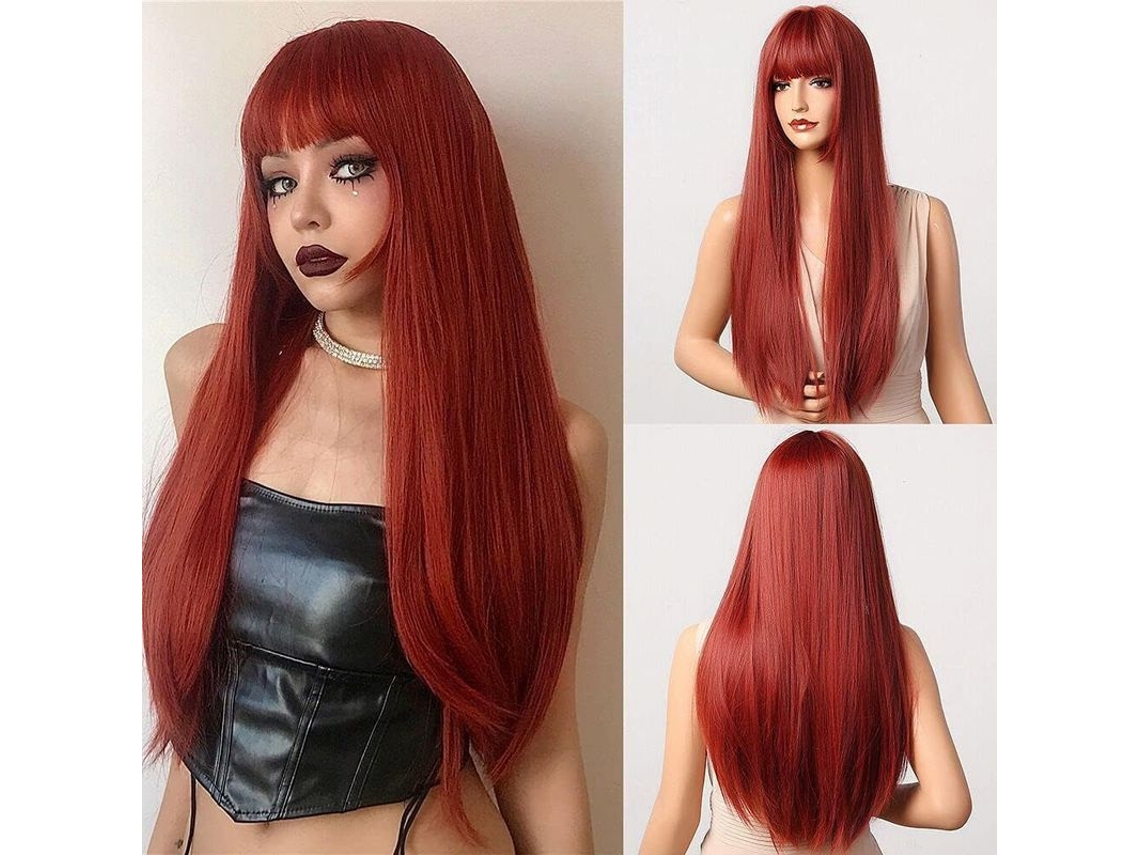 Peluca Roja Larga Recta De Pelo Sintético Con Flequillo Resistente Al Calor Para Cosplay Y Fiesta Mujer