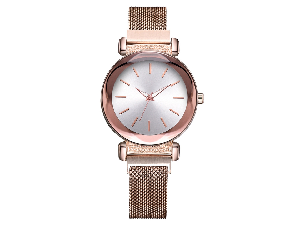 Relógio de Pulso Feminino de Quartzo com Pulseira de Liga e Strass Rosa Ouro Branco