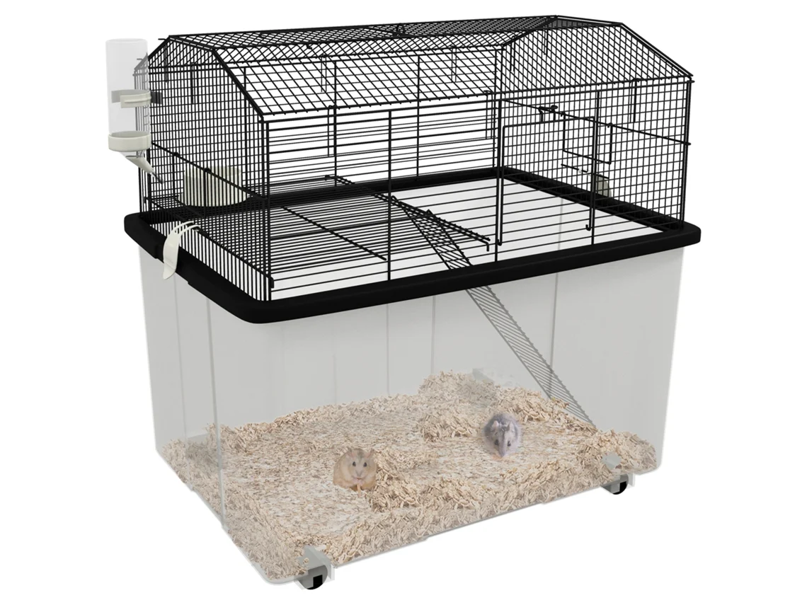 Gaiola de Hamster com Plataforma de Fundo Profundo, Rampa e Rodas 57x43x57 Cm Preto Ge