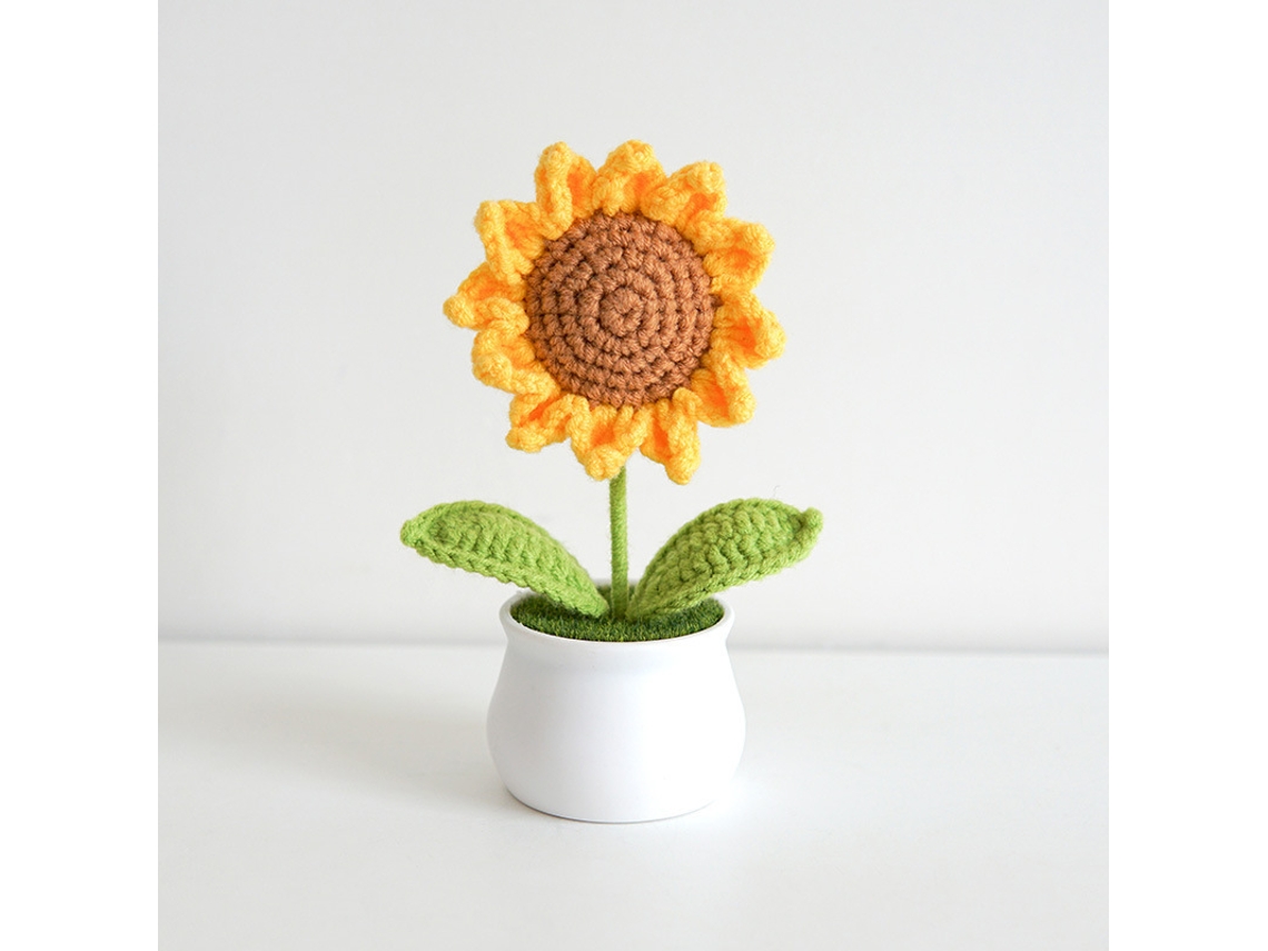 Flor de Crochê com Vaso, Girassol Artificial de Crochê, Decoração para Planta Feita À Mão em Crochê, para Casa e Escritório AQUAFORGE