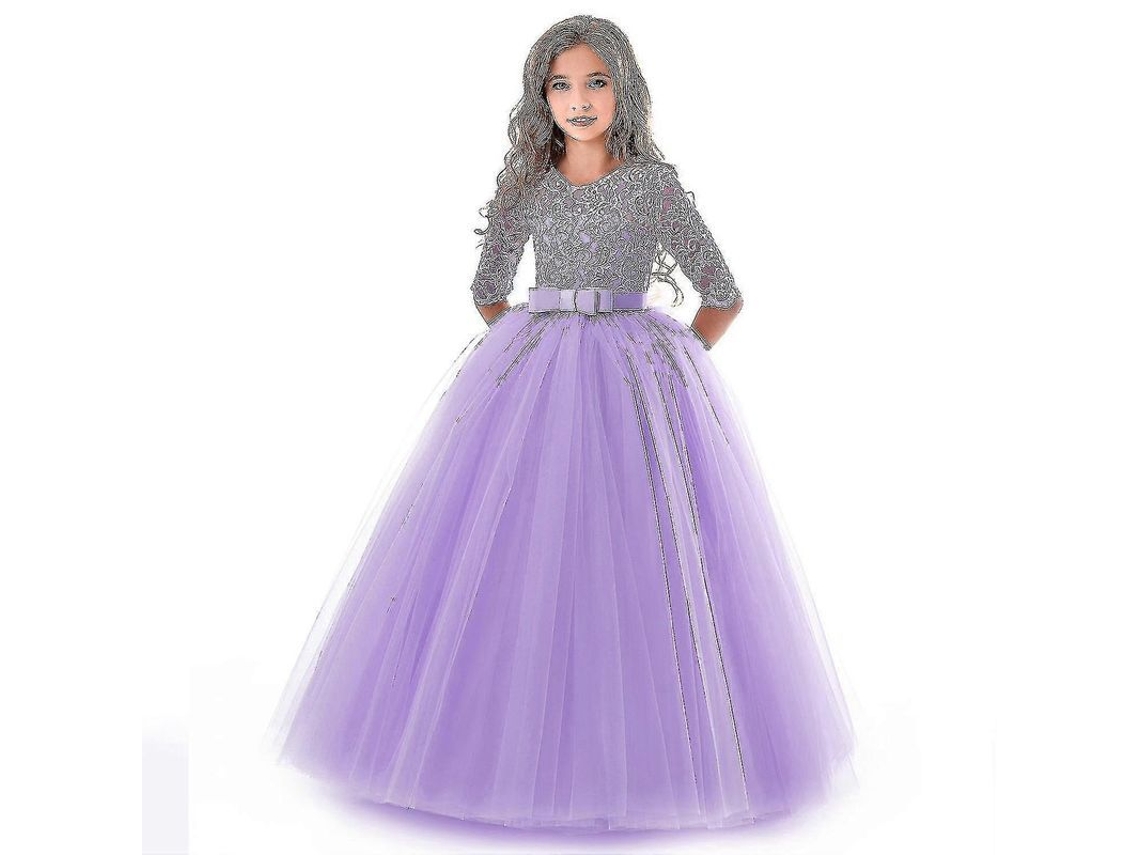 Vestido de Fiesta Princesa para Niñas com Encaje Longo Formal Roxo 4 14 Anos Doce 378 Morado