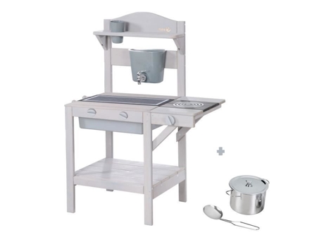 Jogo infantil de cozinha ao ar livre ROBA - Brinquedo de imitação com bandeja removível e acessórios - Madeira maciça cinza claro