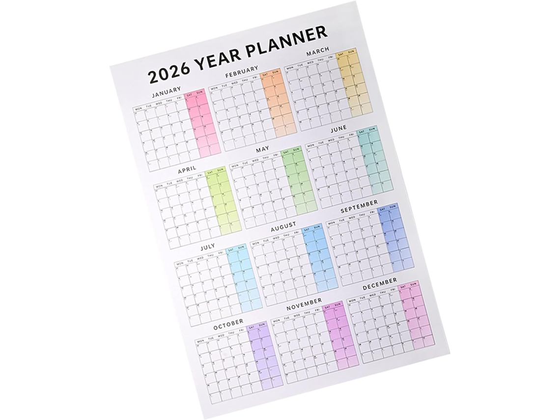 Calendário de Parede Anual de 2026 para Planejamento Diário em Casa e SFUSHOS