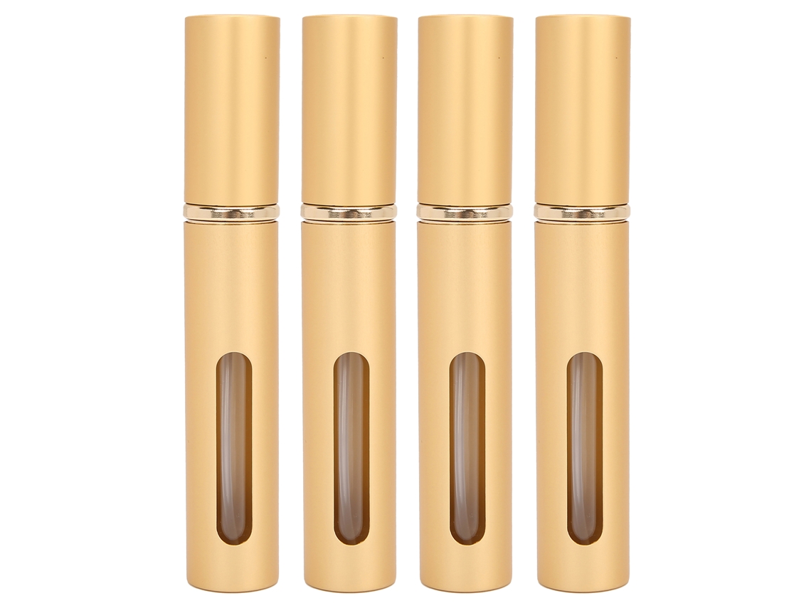 Frascos de perfume portáteis de vidro recarregáveis para uso externo, 10ml x 4 unidades, dourados.