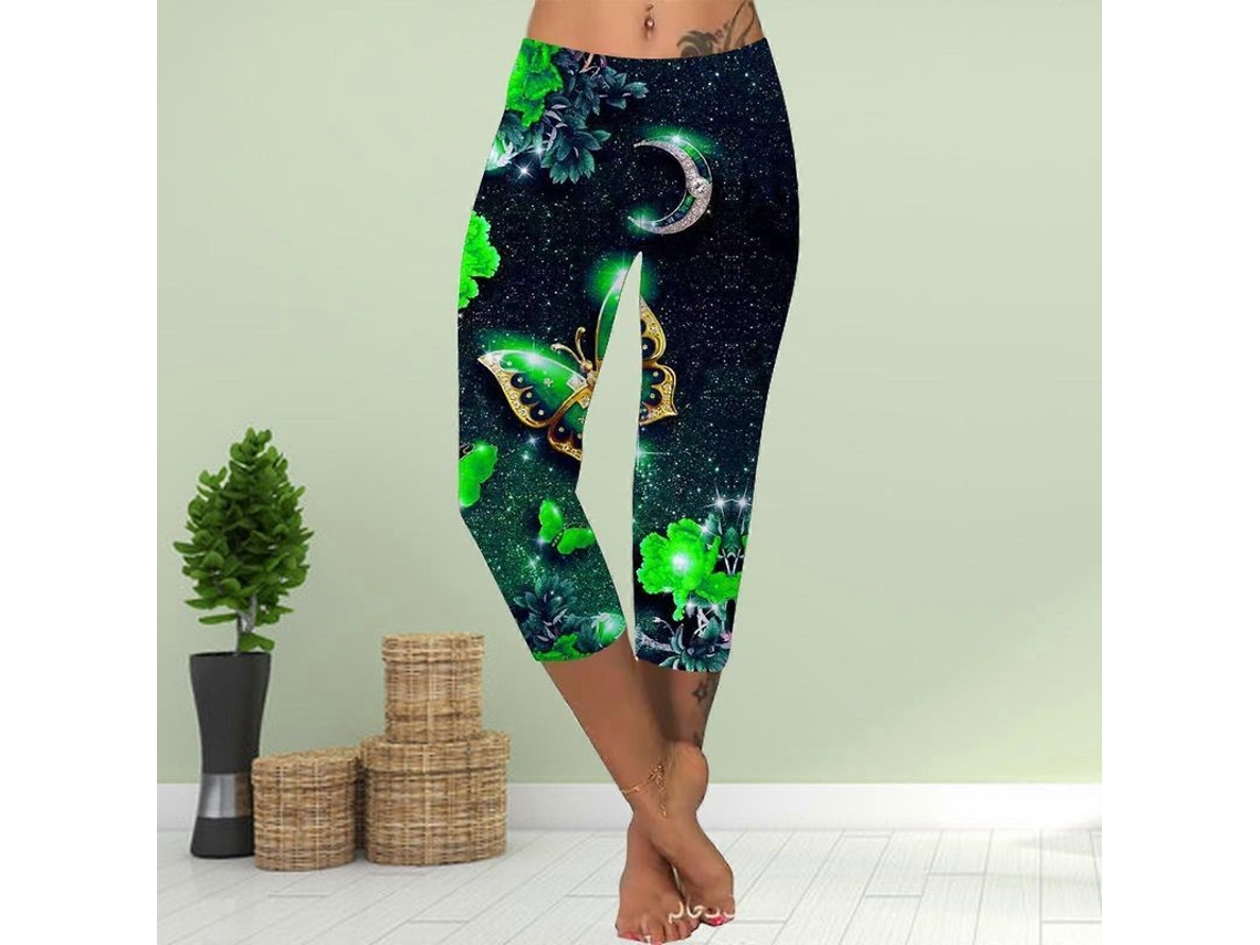 Calcinha Curta Legging Feminina Plus Size Estampa 3d Lua Borboleta Verão Slim 3xl Verde