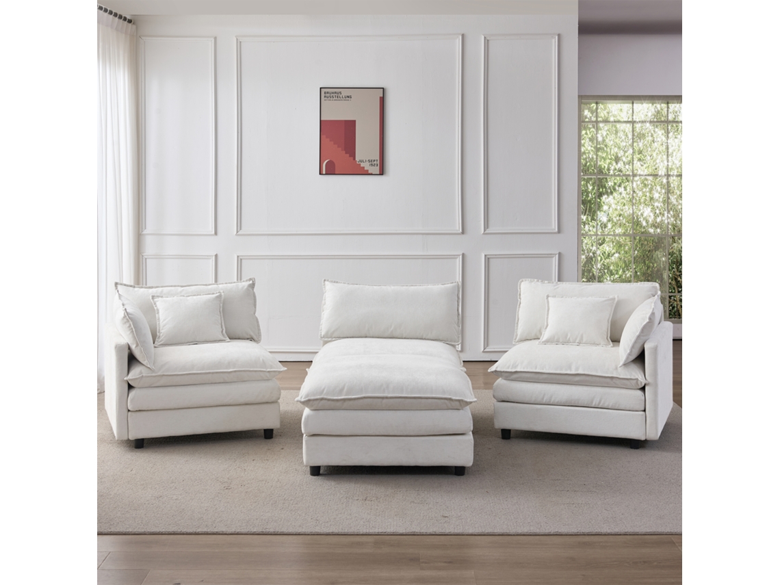 Sofá Canto Modular 3 Lugares L, Chaise + Pufe, Chenille NOVELA