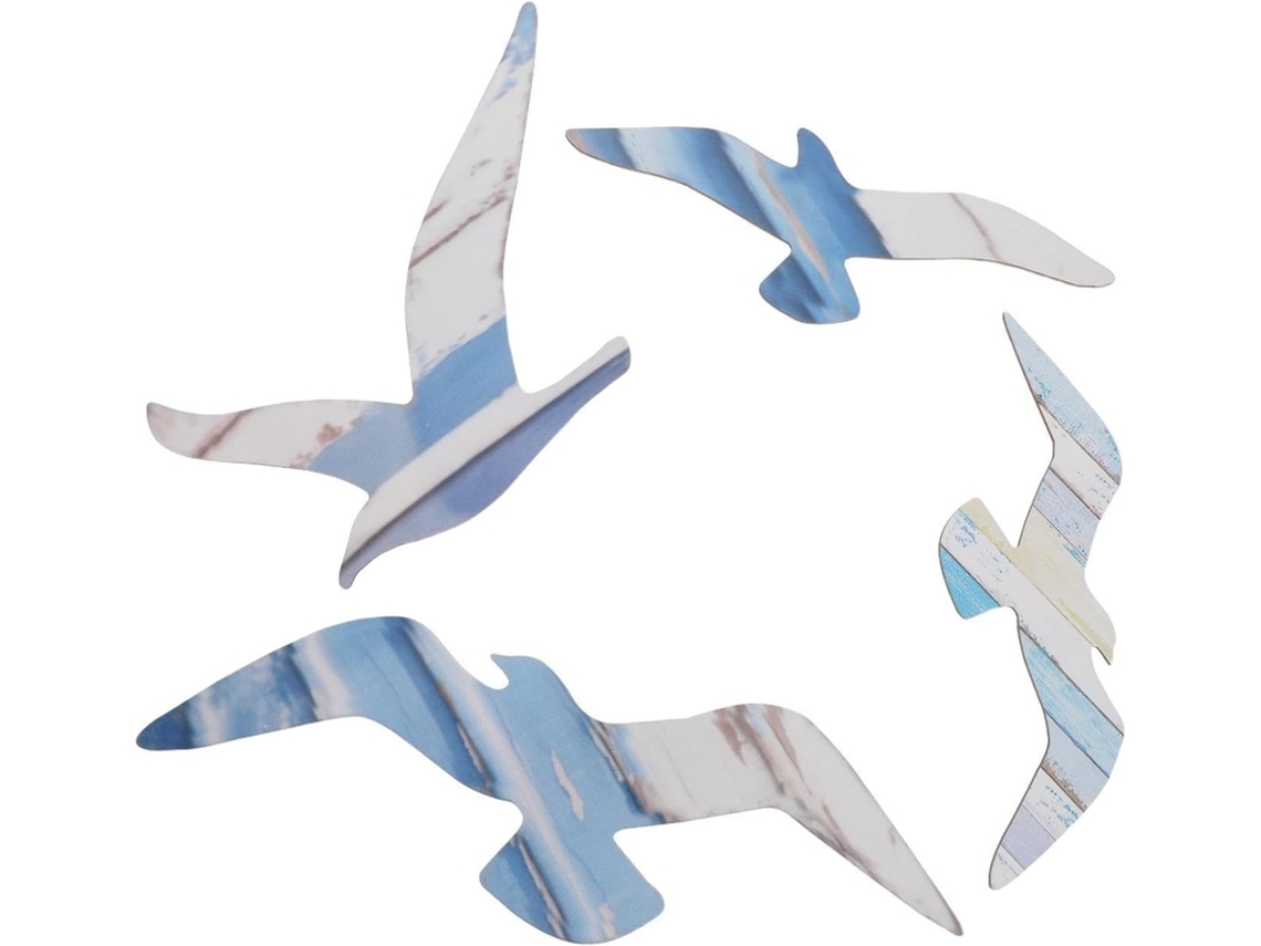 Conjunto de 4 Peças Arte Parede com Gaivotas, em Estilo Azul e Mediterrâneo, Desenho Ave CHABERLU