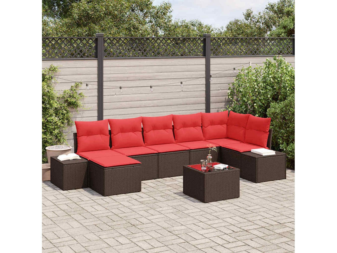 Vidaxl Conjunto De Sofá De Jardim 7 Unid. Marrom E Vermelho Vime Pe