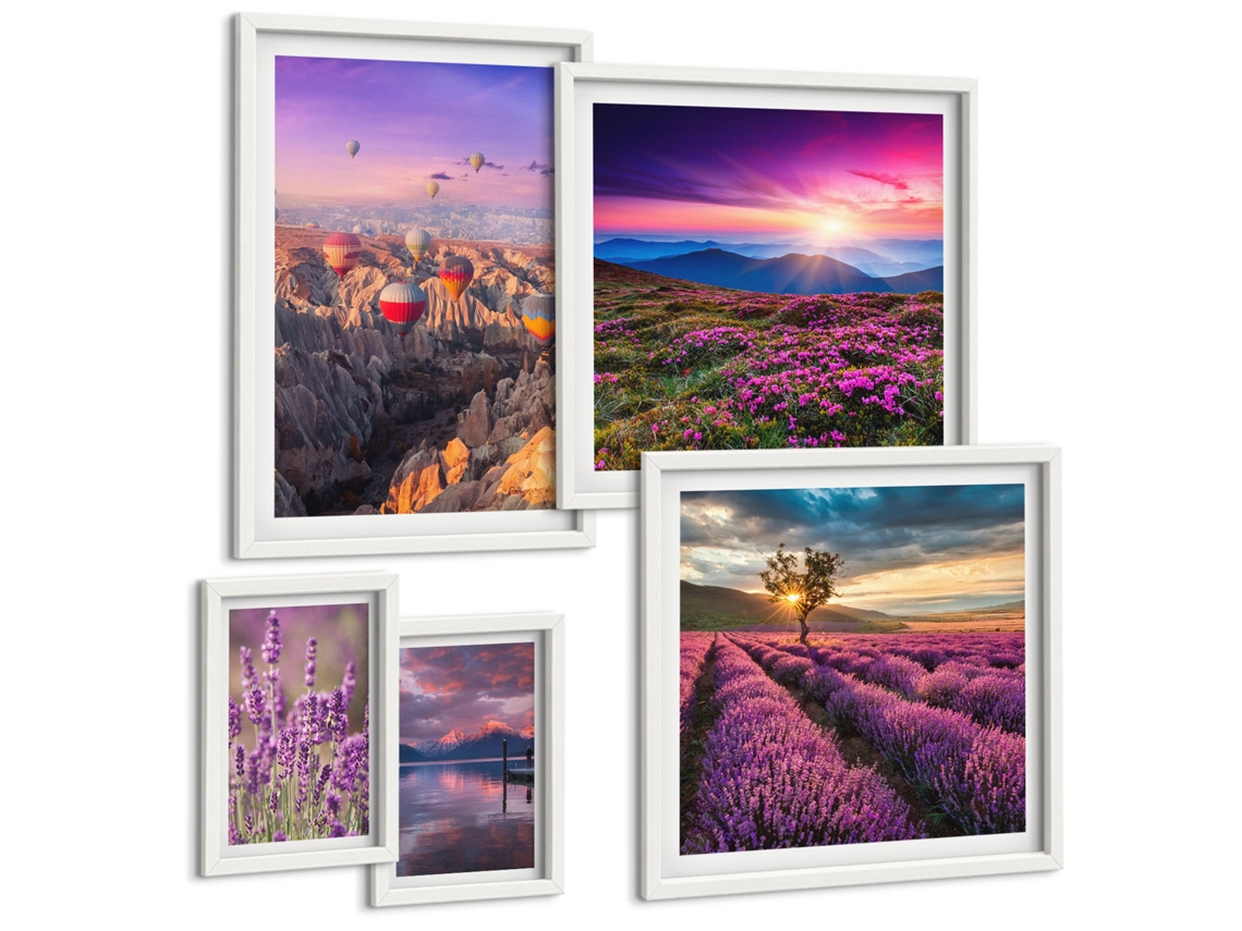 Conjunto De Pinturas Campos De Lavanda, Pôr Do Sol Moldura Branca Quadros Para O Escritório Espelharte (conjunto De 5 Imagens)