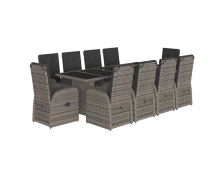 11 Peças Conjunto Jantar Para Jardim Com Almofadões Vime Pe Cinzento Clicnbuy