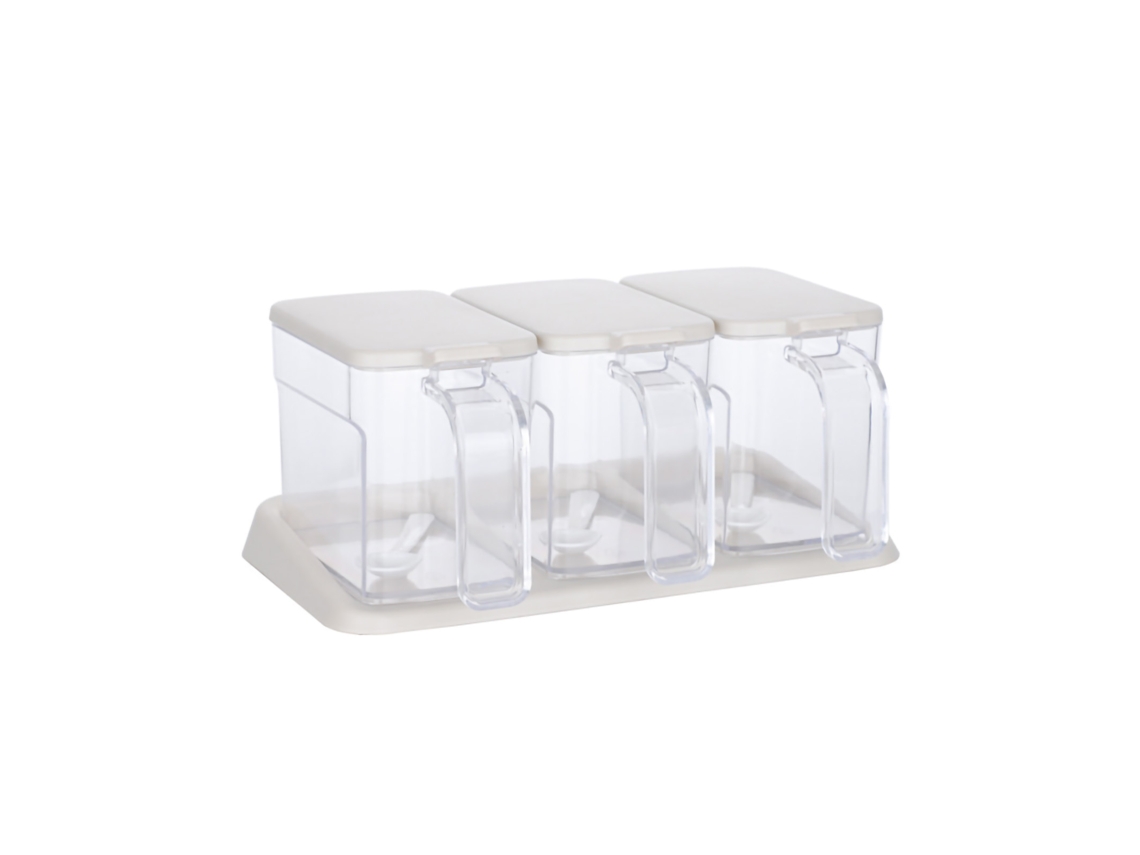 Conjunto De Caixas De Condimentos Plásticas Transparentes Com 3 Compartimentos E Colheres Para Cozinha Albaricoque