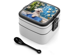 Lancheira Bento Fofa Com Estampa De Bichon Frisé, 2 Compartimentos, Inclui Colheres E É Ideal Para Preparar Refeições