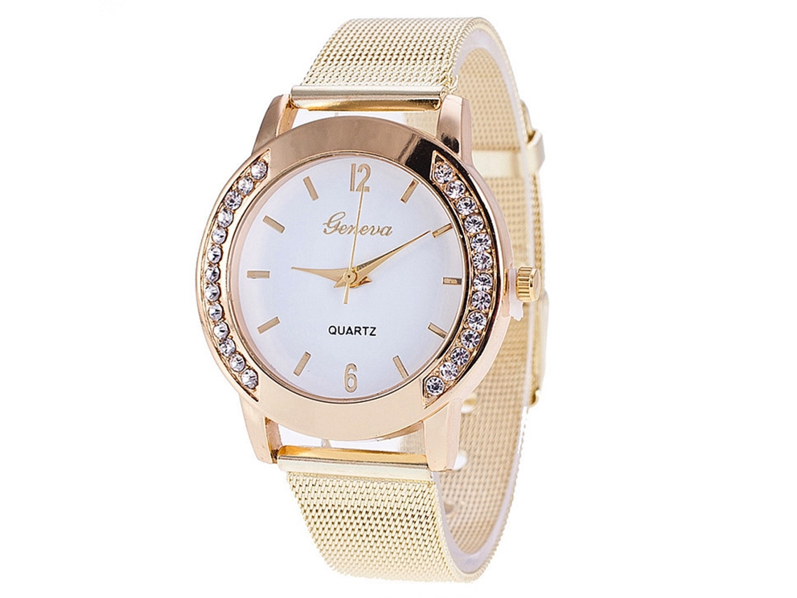 Relógio de Pulso Casual Unissex Quartzo com Pulseira de Rede e Mostrador Redondo Branco