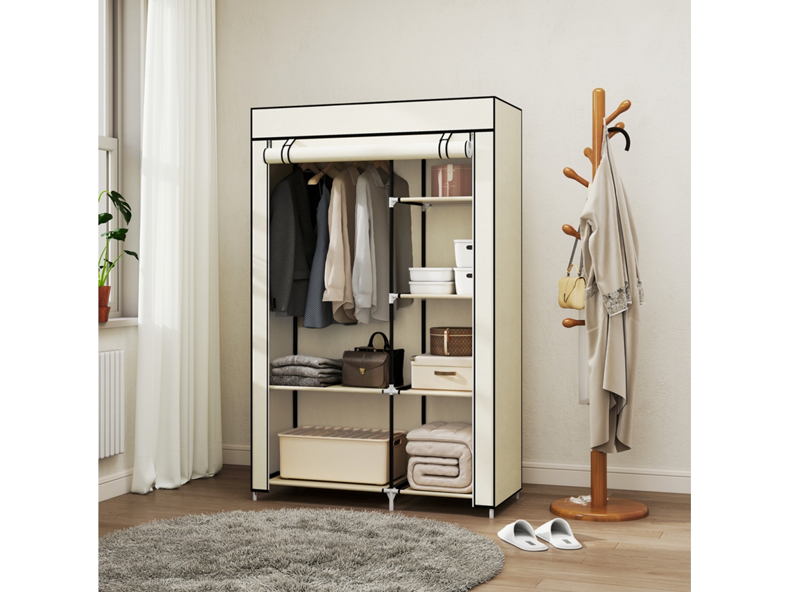 Guarda-roupa De Tecido Com Cabideiro E Prateleiras Abertas, 103x43x162,5cm, Creme