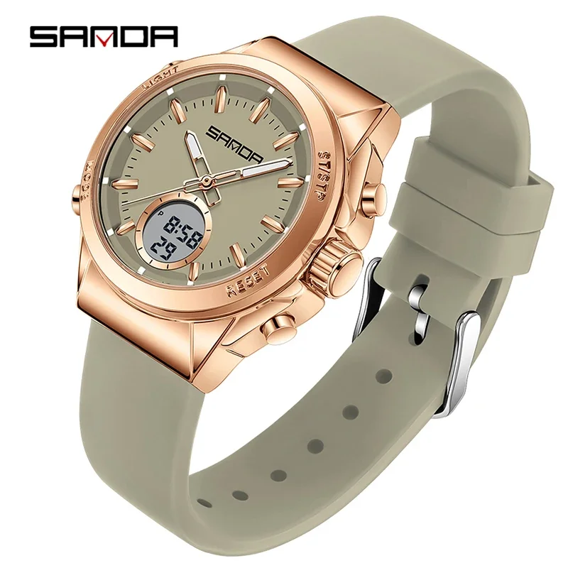 Relógio Eletrônico Feminino Elegante e Casual com Despertador, Luminescente, À Prova D'água, Visor Duplo e Funções Multifuncionais. MDUG