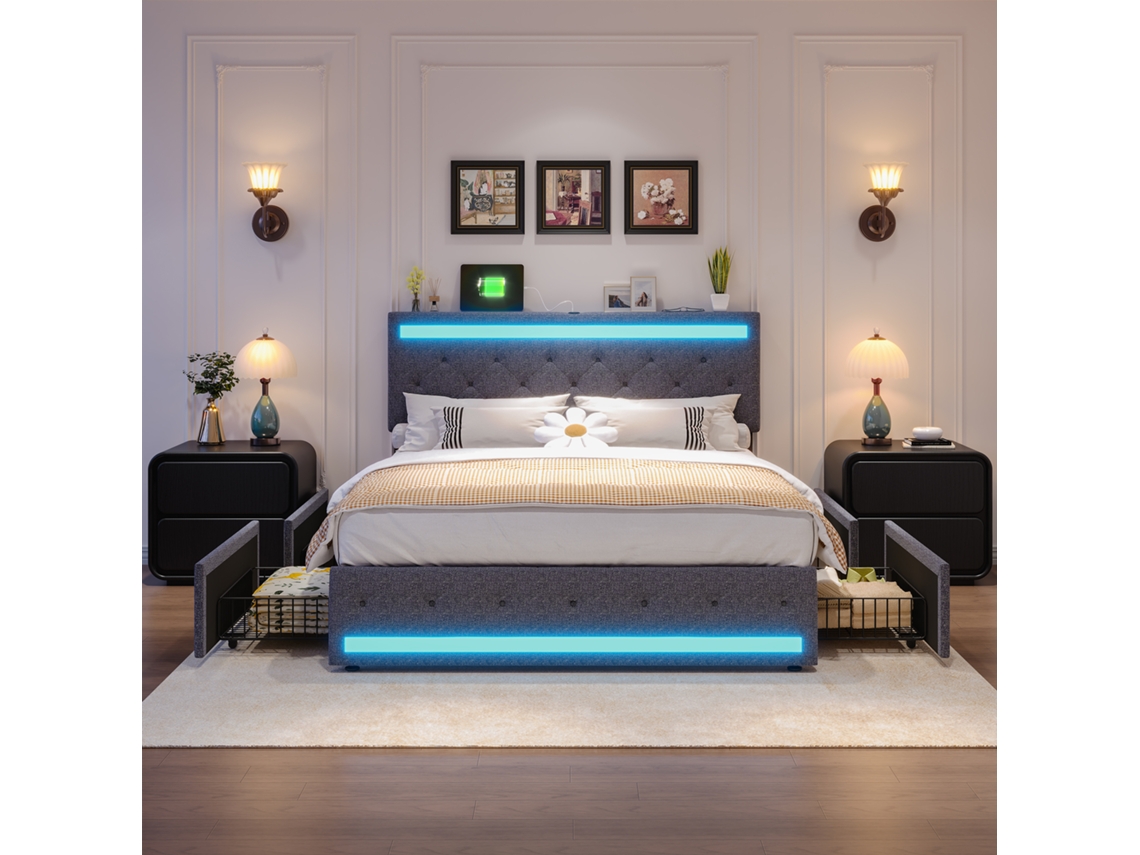 Cama De Casal 180x200 Cm Com Led E 4 Gavetas, Cama Estofada Em Tecido Linho Cinzento, Estrutura Metálica, Arrumação, Sem Colchão