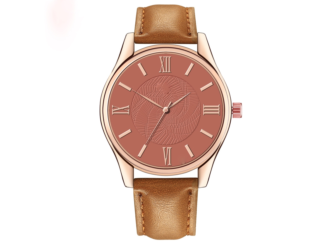 Relógio Masculino de Couro Pu com Dial Redondo Movimento de Quartzo Café Claro