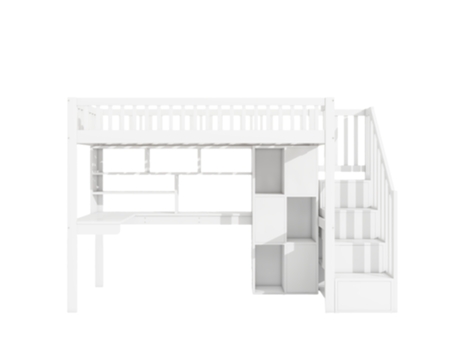 Cama Com Arrumação Alta Led Escada Raumio Madeira Branco (90x200)