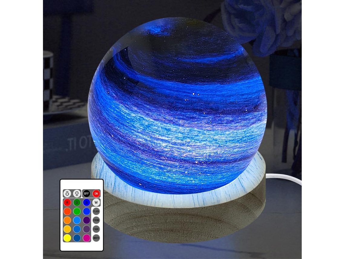 Luminria Noturna Em Formato De Bola De Vidro 3d Com Planetas, Dimerizvel Com 16 Cores Rgb, Base De Madeira Usb Aquaforge (8 Cm)