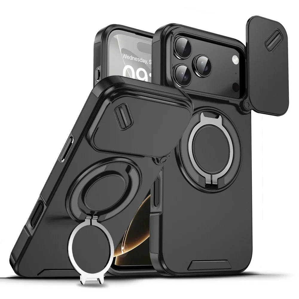 (preto 15) Capa De Celular Com Suporte Magnético E Anel De Proteção Deslizante Para Câmera
