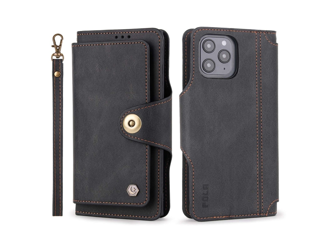 Capa Pega Para Iphone 12 Pele Sintética Com Porta-cartões Preto